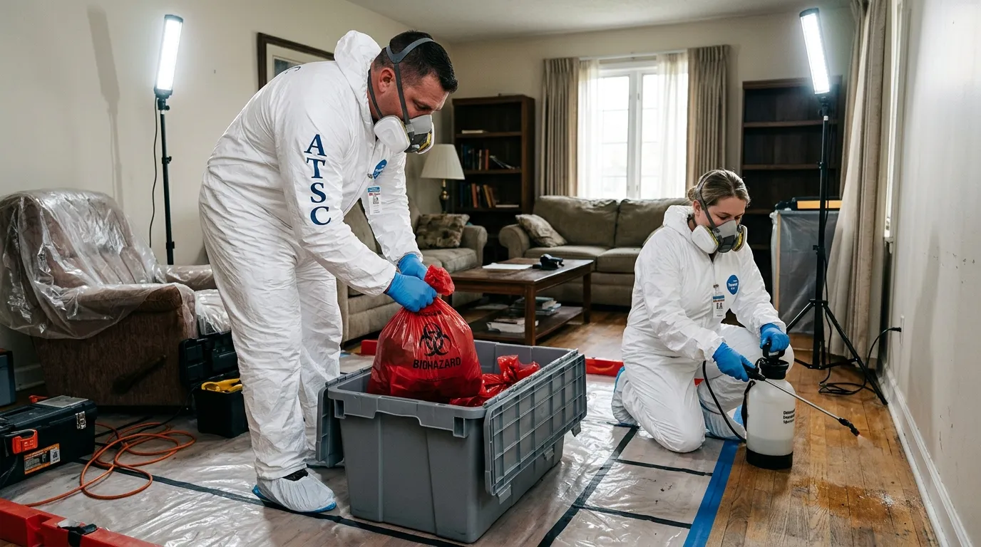 Professional Hoarding Cleanup technician in full PPE working in Eureka